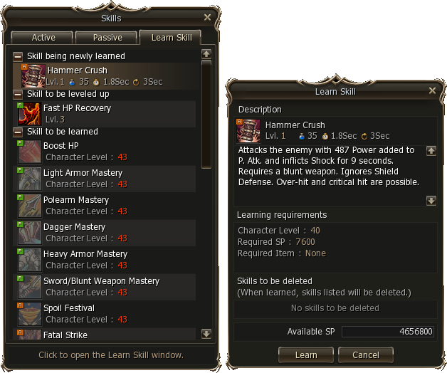 Learn Skill window