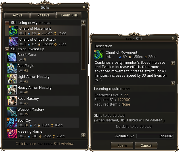 Learn Skill tab of the Skill window
